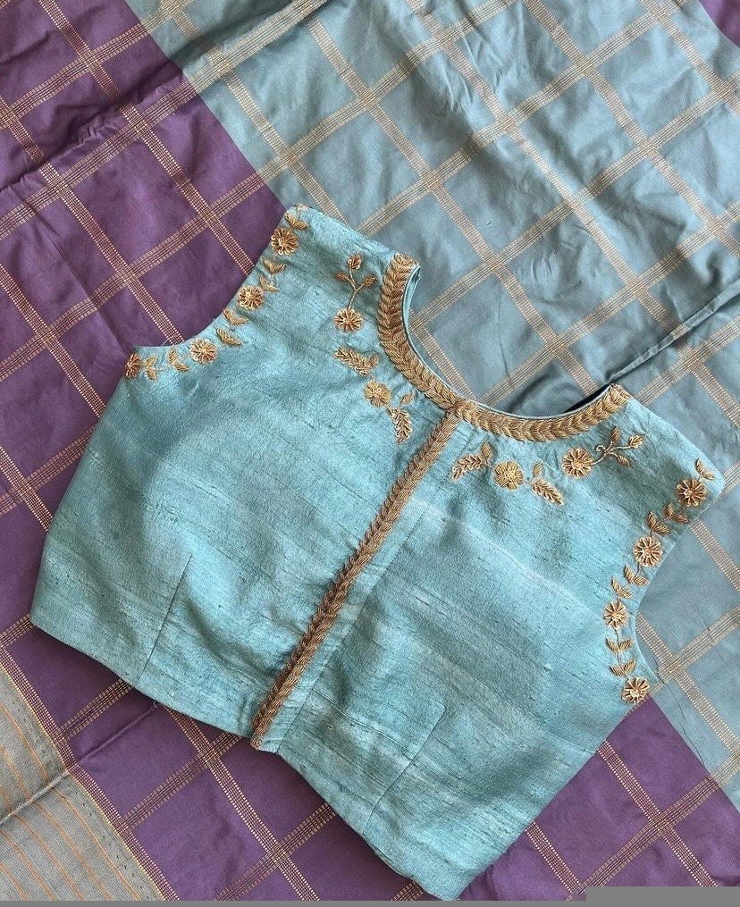 pure silk hand embroidery blouse /maggam blouse/blue raw silk zardosi blouse/hand embroidered blouse/ice blue sleeveless ready made blouse