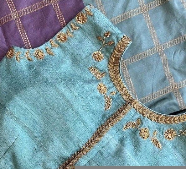pure silk hand embroidery blouse /maggam blouse/blue raw silk zardosi blouse/hand embroidered blouse/ice blue sleeveless ready made blouse