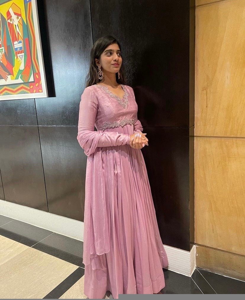 Lavender Zardosi Anarkali Suit: Hand Embroidered Indian Dress