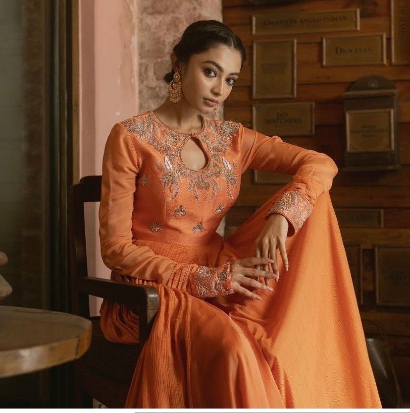 Orange Anarkali Suit: Hand Embroidered Zardosi Indian Dress