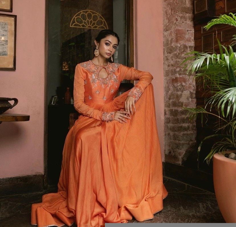 Orange Anarkali Suit: Hand Embroidered Zardosi Indian Dress