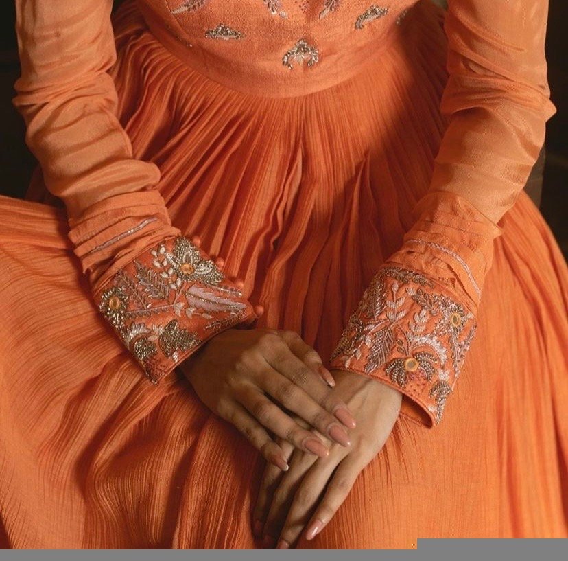 Orange Anarkali Suit: Hand Embroidered Zardosi Indian Dress
