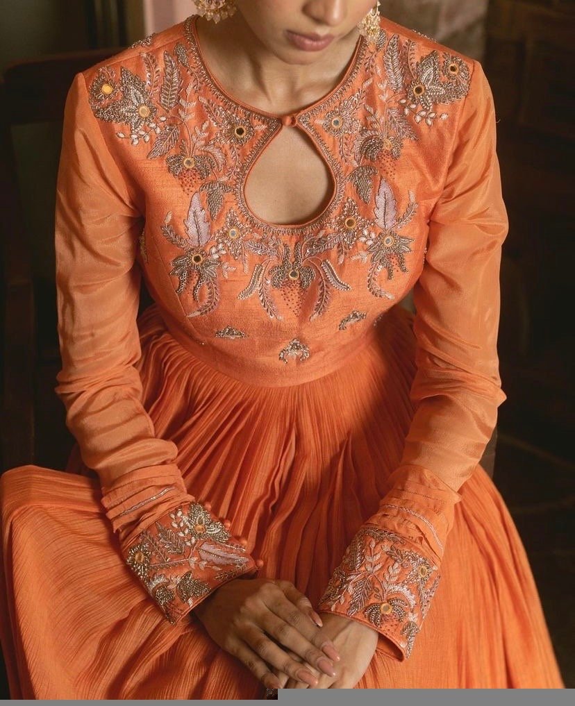 Orange Anarkali Suit: Hand Embroidered Zardosi Indian Dress