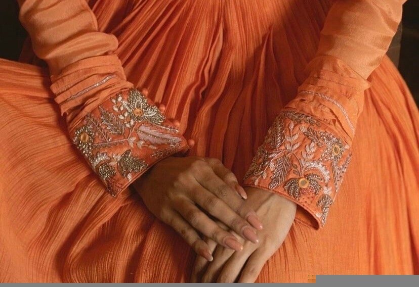 Orange Anarkali Suit: Hand Embroidered Zardosi Indian Dress