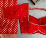 Red Silk Hand Embroidered Saree Blouse: Zardosi Maggam Work