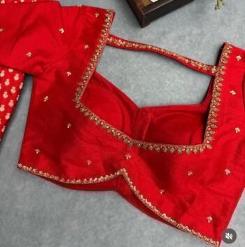 Red Silk Hand Embroidered Saree Blouse: Zardosi Maggam Work