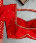 Red Silk Hand Embroidered Saree Blouse: Zardosi Maggam Work