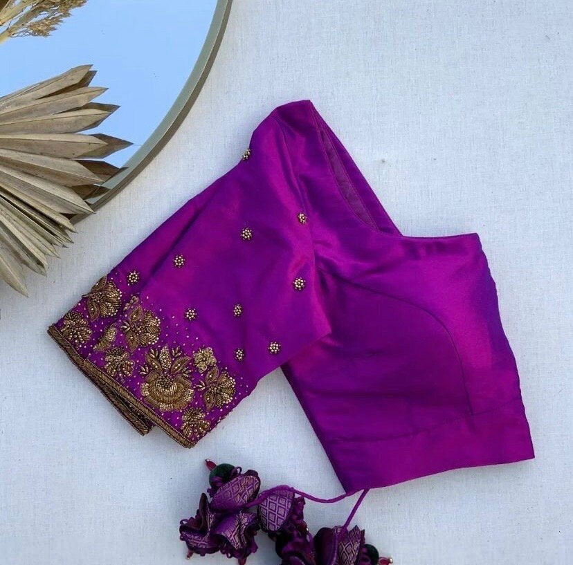 pure silk hand embroidery blouse/saree maggam blouse/purple zardosi blouse/hand embroidered blouse /magenta pink ready made blouse zardosi