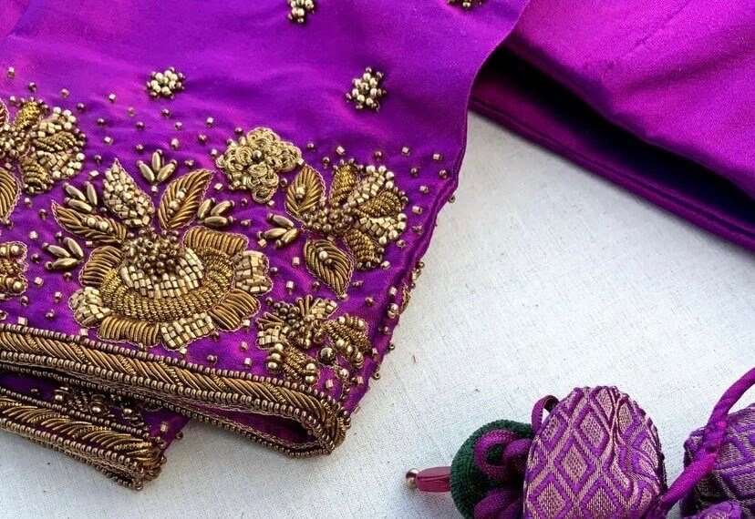 pure silk hand embroidery blouse/saree maggam blouse/purple zardosi blouse/hand embroidered blouse /magenta pink ready made blouse zardosi