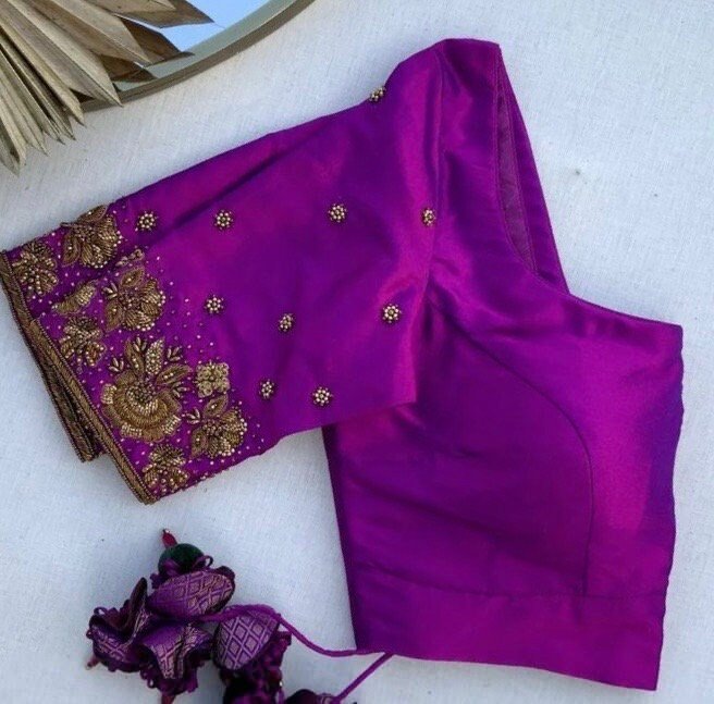 pure silk hand embroidery blouse/saree maggam blouse/purple zardosi blouse/hand embroidered blouse /magenta pink ready made blouse zardosi