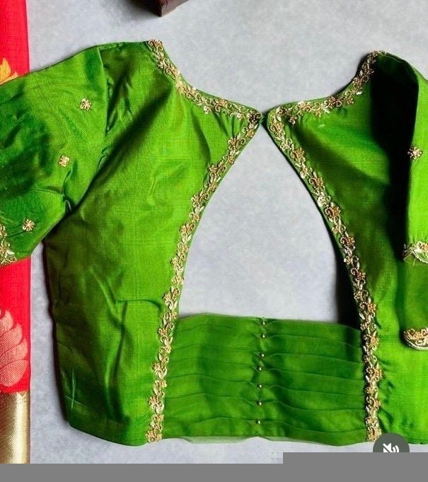 pure silk green multicolor hand embroidery blouse/saree maggam blouse/ raw silk zardosi blouse /hand embroidered blouse / ready made blouse
