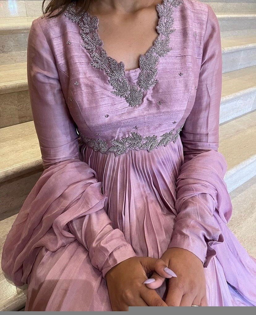 Lavender Zardosi Anarkali Suit: Hand Embroidered Indian Dress