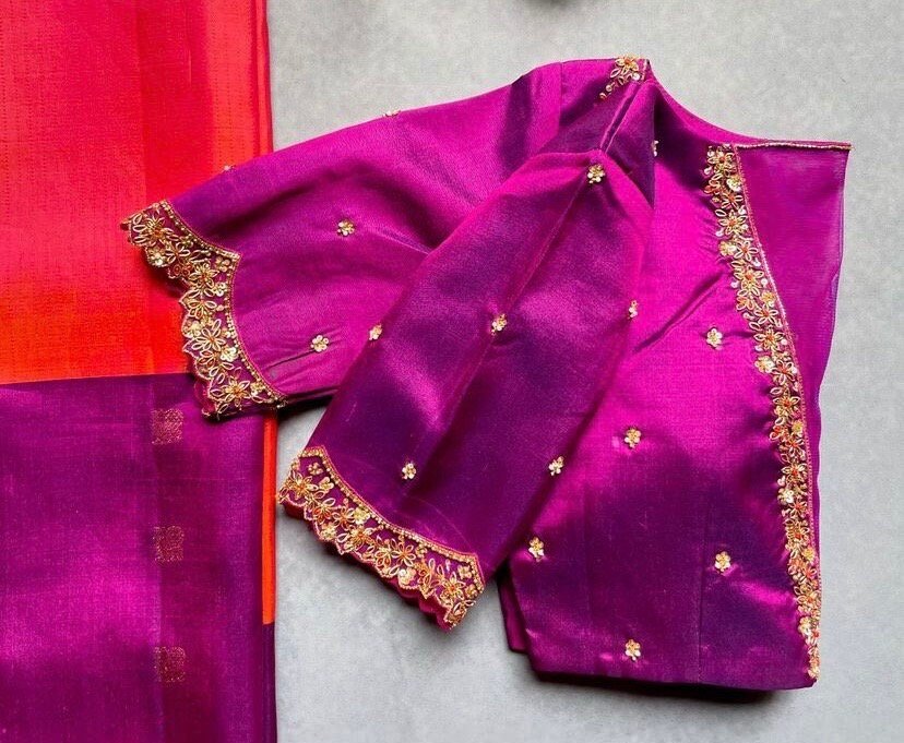 pure silk hand embroidery blouse/saree maggam blouse/purple zardosi blouse/hand embroidered blouse /magenta pink ready made blouse zardosi