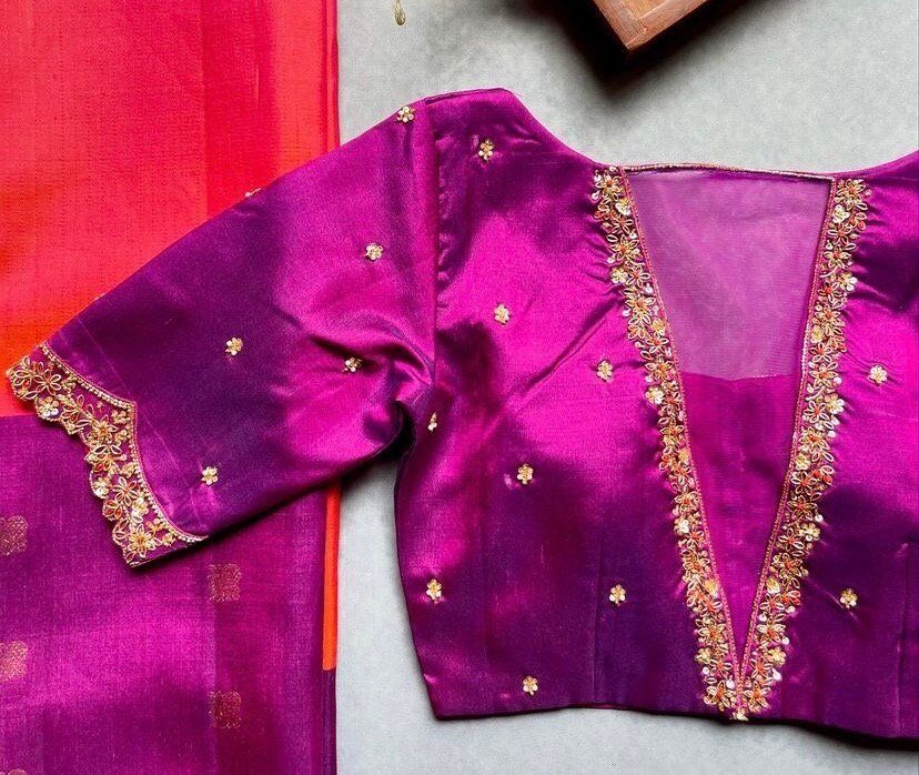 pure silk hand embroidery blouse/saree maggam blouse/purple zardosi blouse/hand embroidered blouse /magenta pink ready made blouse zardosi