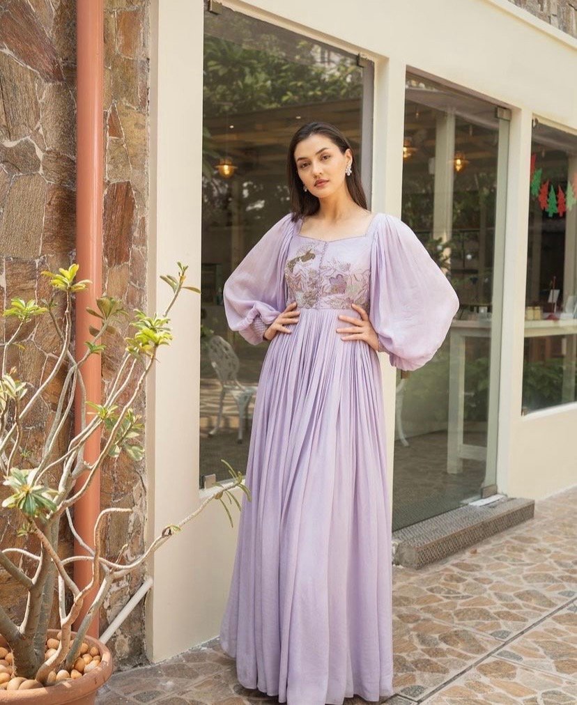 Hand embroidered Anarkali dress/mauve anarkali suit set/lavender hand work anarkali USA/Indian dresses/ballon sleeve embroidered Anarkali