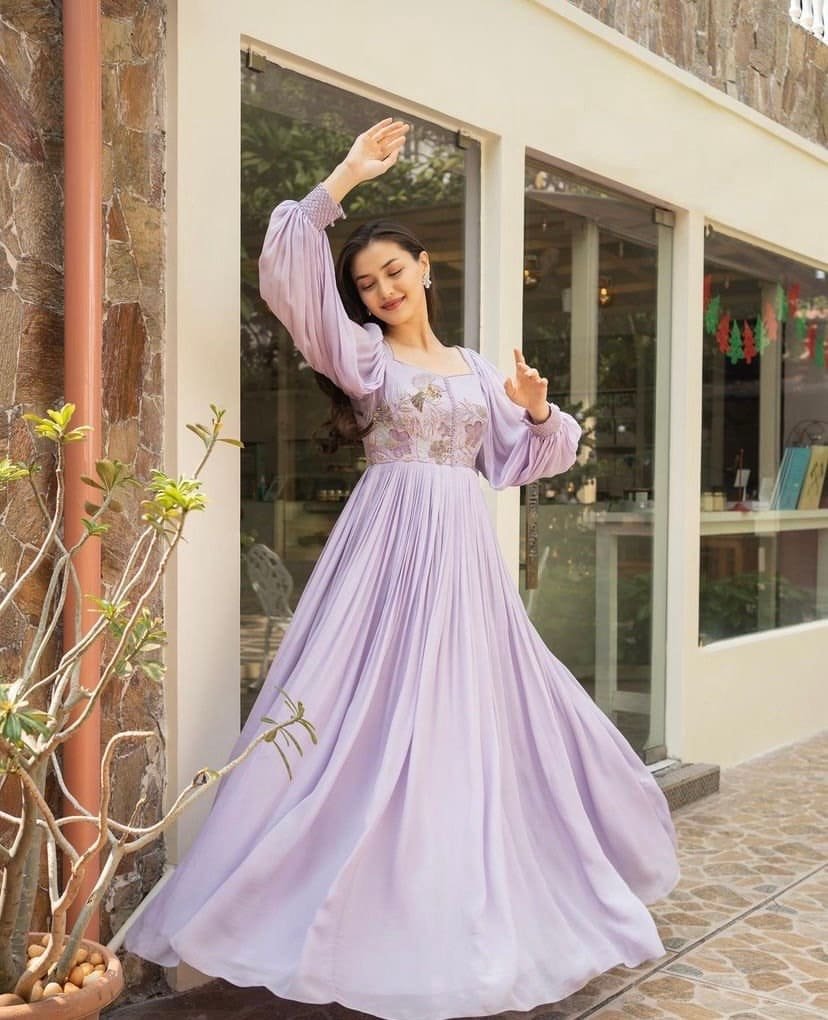 Hand embroidered Anarkali dress/mauve anarkali suit set/lavender hand work anarkali USA/Indian dresses/ballon sleeve embroidered Anarkali
