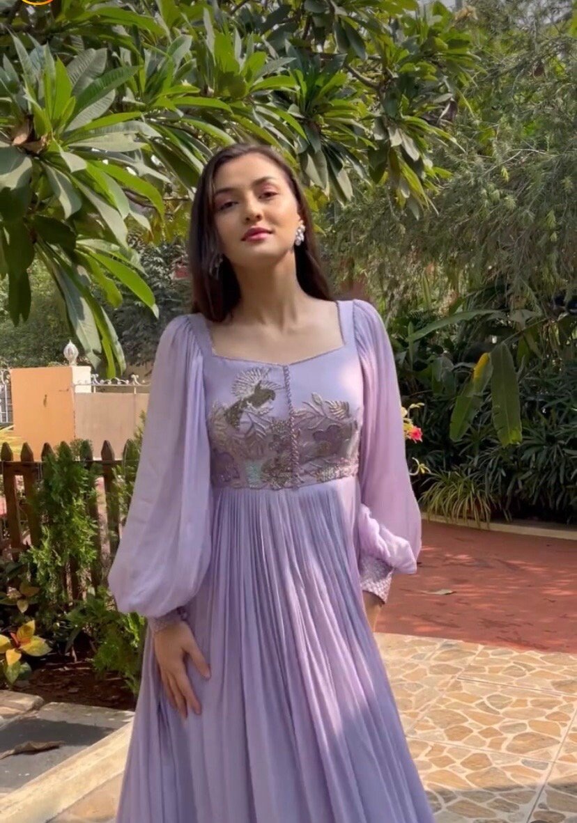 Hand embroidered Anarkali dress/mauve anarkali suit set/lavender hand work anarkali USA/Indian dresses/ballon sleeve embroidered Anarkali