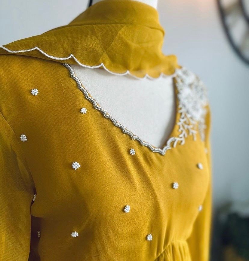 Hand embroidered Anarkali with scallop dupatta/yellow anarkali suit/georgette anarkali dupatta USA/ Indian dresses/anarkali dupatta set usa