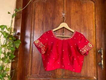 pure silk hand embroidery blouse/red maggam blouse/red raw silk zardosi blouse/hand embroidered blouse/red short sleeve ready made blouse