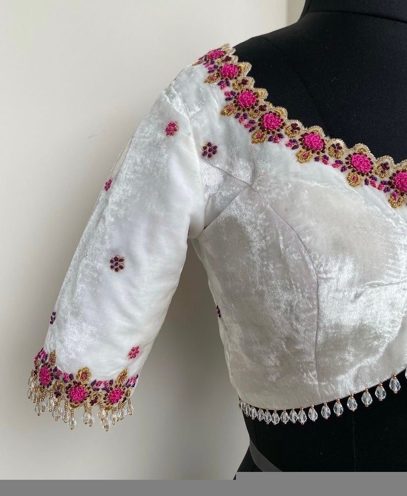 pure velvet hand embroidery blouse/modern maggam blouse/multi colored white zardosi blouse/hand embroidered blouse/white ready made blouse