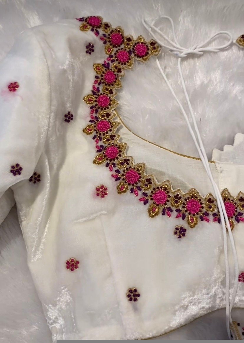 pure velvet hand embroidery blouse/modern maggam blouse/multi colored white zardosi blouse/hand embroidered blouse/white ready made blouse
