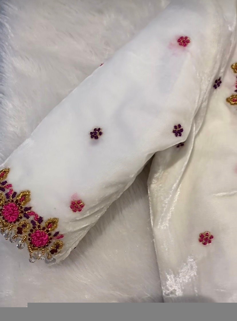 pure velvet hand embroidery blouse/modern maggam blouse/multi colored white zardosi blouse/hand embroidered blouse/white ready made blouse