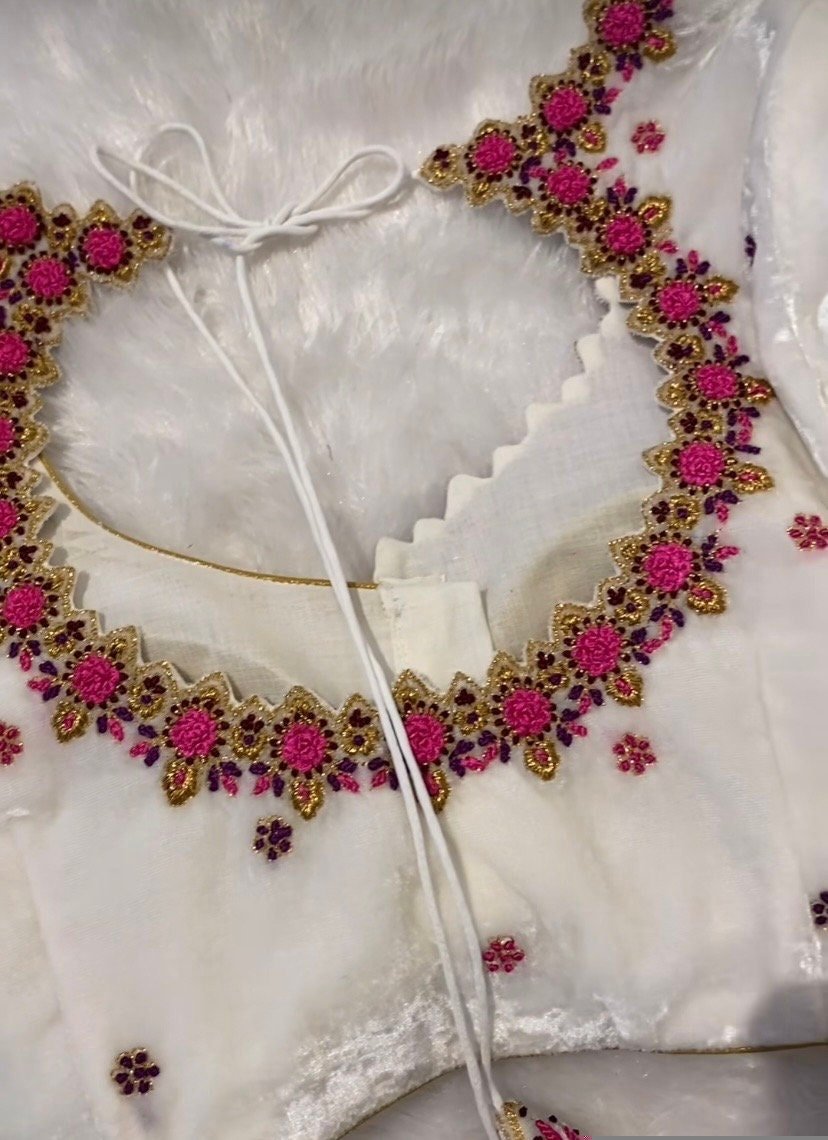 pure velvet hand embroidery blouse/modern maggam blouse/multi colored white zardosi blouse/hand embroidered blouse/white ready made blouse