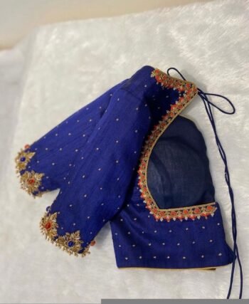 Pure silk blue hand embroidery blouse/modern saree maggam blouse/jewelry handwork blouse/hand embroidered blouse/blue pure raw silk blouse