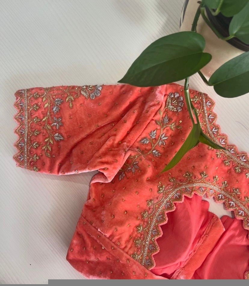 pure velvet hand embroidery blouse/modern cutwork maggam blouse/orange zardosi blouse/hand embroidered blouse/light orange ready made blouse