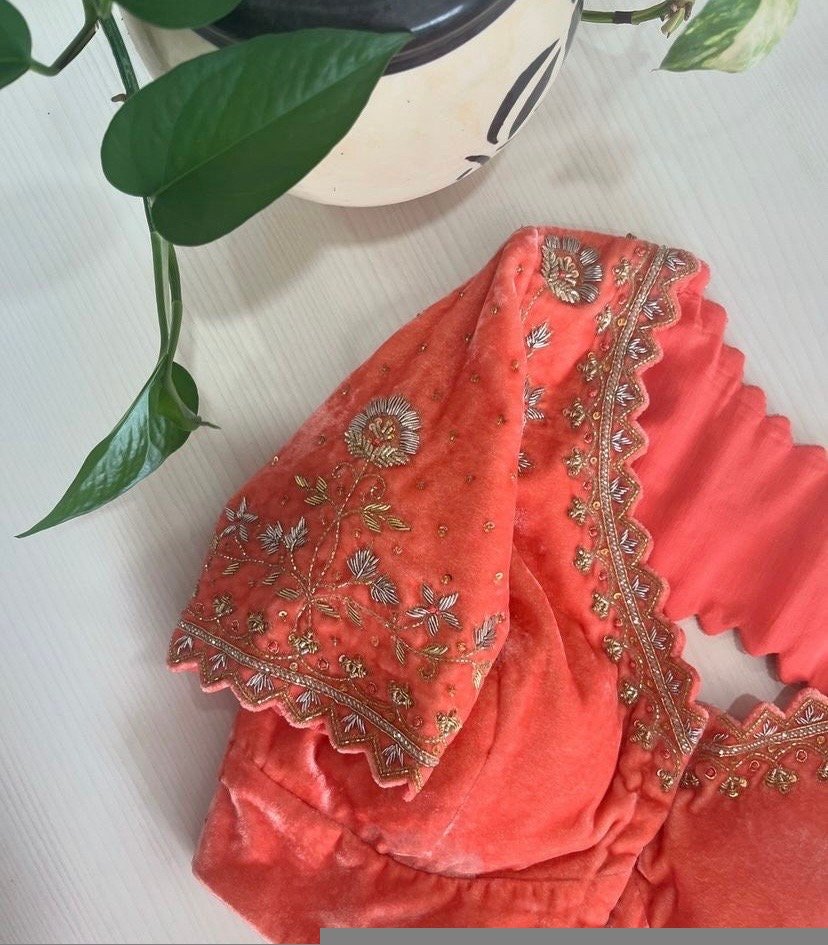 pure velvet hand embroidery blouse/modern cutwork maggam blouse/orange zardosi blouse/hand embroidered blouse/light orange ready made blouse