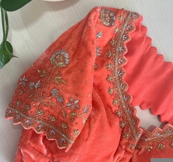 pure velvet hand embroidery blouse/modern cutwork maggam blouse/orange zardosi blouse/hand embroidered blouse/light orange ready made blouse