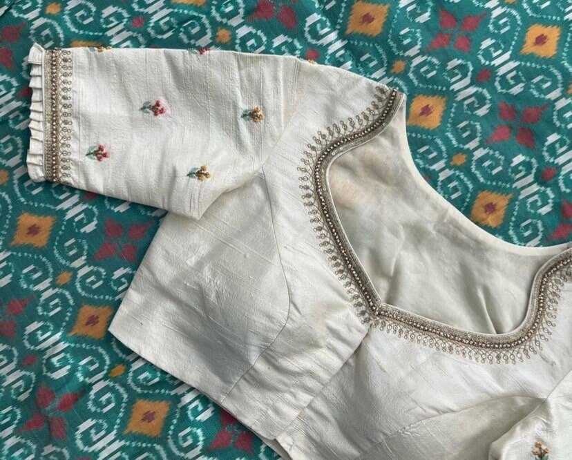 pure silk hand embroidery blouse/cream maggam blouse/pure raw silk zardosi blouse / hand embroidered blouse/cream designer ready made blouse