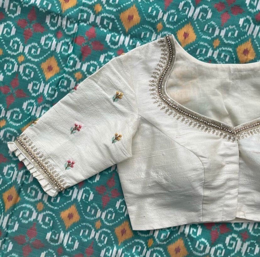 pure silk hand embroidery blouse/cream maggam blouse/pure raw silk zardosi blouse / hand embroidered blouse/cream designer ready made blouse