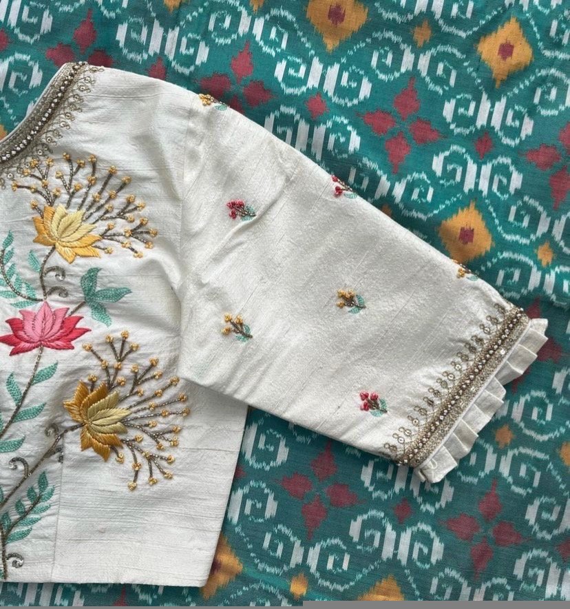 pure silk hand embroidery blouse/cream maggam blouse/pure raw silk zardosi blouse / hand embroidered blouse/cream designer ready made blouse