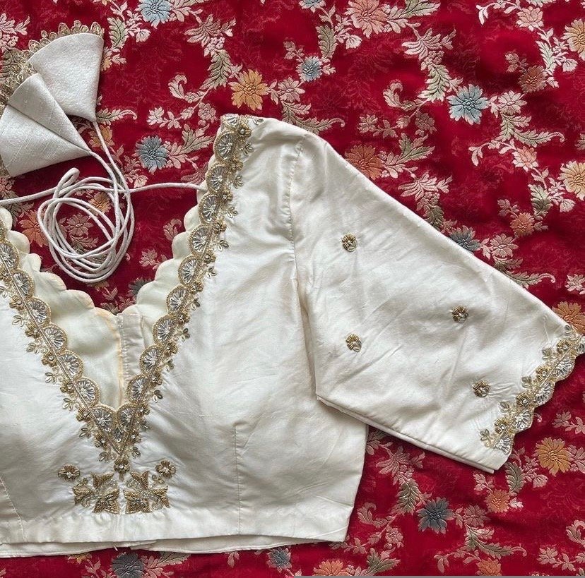 pure silk hand embroidery blouse/cream saree maggam blouse/raw silk zardosi blouse/hand embroidered blouse/cream ready made blouse zardosi