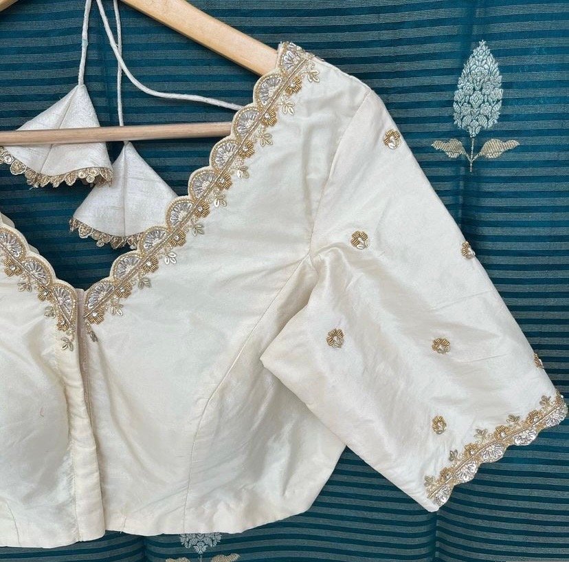 pure silk hand embroidery blouse/cream saree maggam blouse/raw silk zardosi blouse/hand embroidered blouse/cream ready made blouse zardosi