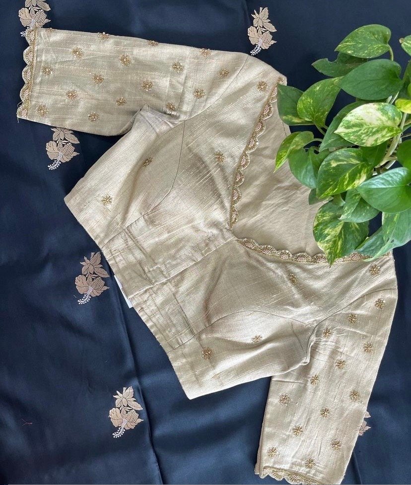 pure silk hand embroidery blouse/cream saree maggam blouse/raw silk zardosi blouse/hand embroidered blouse/beige ready made blouse zardosi