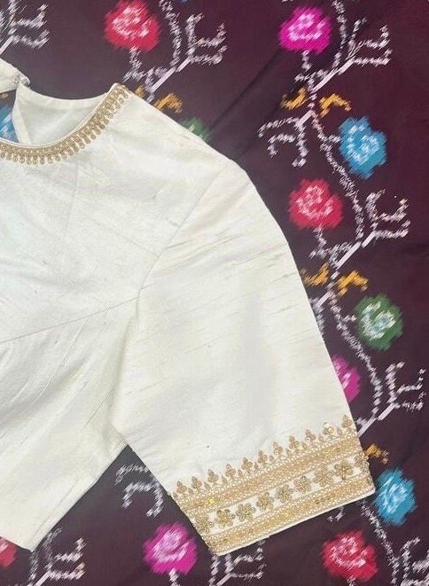 pure silk hand embroidery blouse/cream mirror hand made blouse/pure raw silk zardosi blouse/hand embroidered blouse/cream zardosi work blous