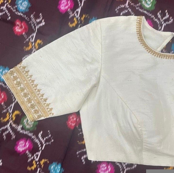 pure silk hand embroidery blouse/cream mirror hand made blouse/pure raw silk zardosi blouse/hand embroidered blouse/cream zardosi work blous