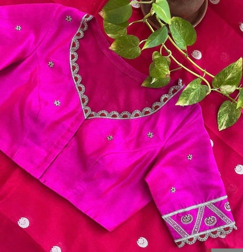 pure silk hand embroidery blouse/saree maggam blouse/purple zardosi blouse/hand embroidered blouse /magenta pink ready made blouse zardosi