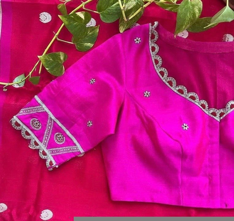 pure silk hand embroidery blouse/saree maggam blouse/purple zardosi blouse/hand embroidered blouse /magenta pink ready made blouse zardosi