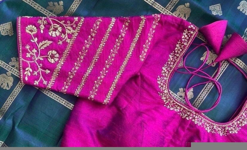 pure silk hand embroidery blouse/saree maggam blouse/purple zardosi blouse/hand embroidered blouse /magenta pink ready made blouse zardosi