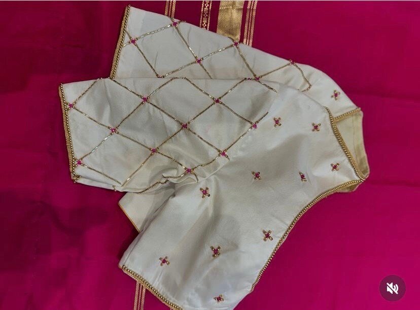 pure silk hand embroidery blouse/cream mirror hand made blouse/pure raw silk zardosi blouse/hand embroidered blouse/cream zardosi work blous