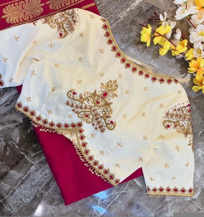pure silk hand embroidery blouse /modern saree maggam blouse/cream zardosi blouse / hand embroidered blouse/off white ready made blouse