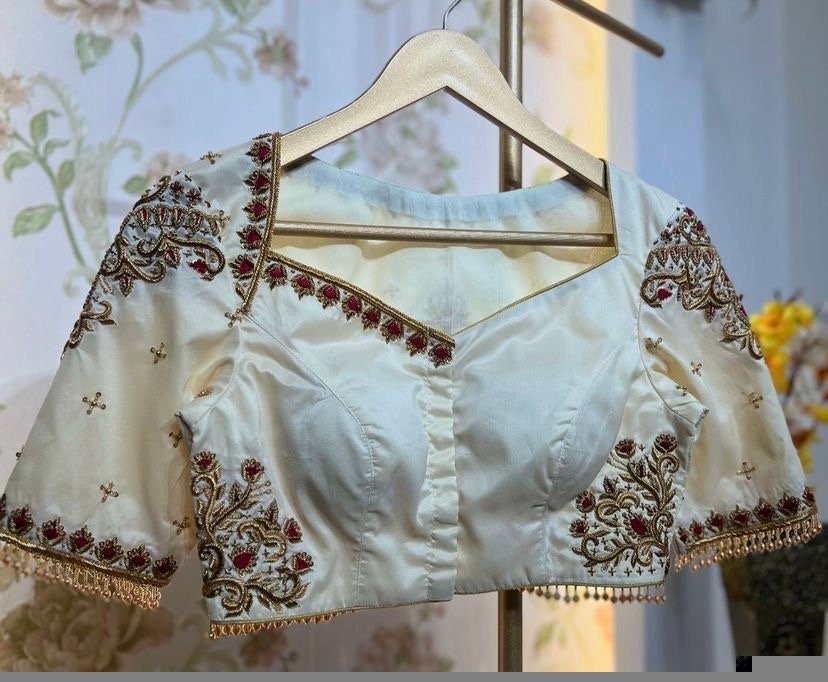 pure silk hand embroidery blouse /modern saree maggam blouse/cream zardosi blouse / hand embroidered blouse/off white ready made blouse