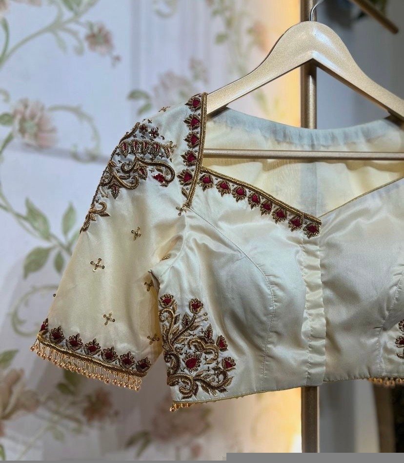 pure silk hand embroidery blouse /modern saree maggam blouse/cream zardosi blouse / hand embroidered blouse/off white ready made blouse