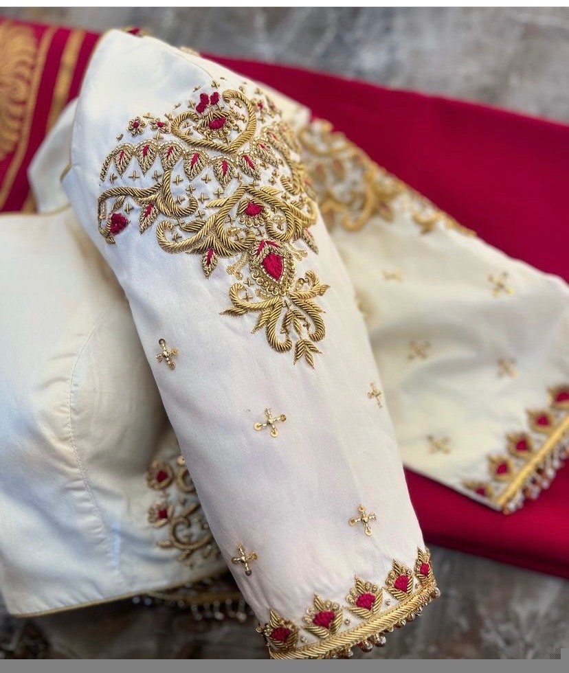 pure silk hand embroidery blouse /modern saree maggam blouse/cream zardosi blouse / hand embroidered blouse/off white ready made blouse