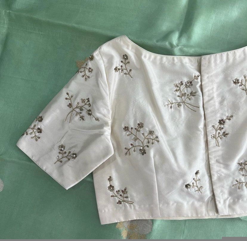 pure silk hand embroidery blouse/cream mirror hand made blouse/pure raw silk zardosi blouse/hand embroidered blouse/cream zardosi work blous