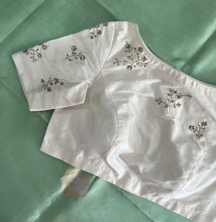 pure silk hand embroidery blouse/cream mirror hand made blouse/pure raw silk zardosi blouse/hand embroidered blouse/cream zardosi work blous