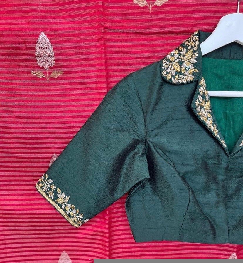 pure silk hand embroidery blouse/coat collar green maggam blouse/collar zardosi blouse/hand embroidered blouse/ready made blouse zardosi